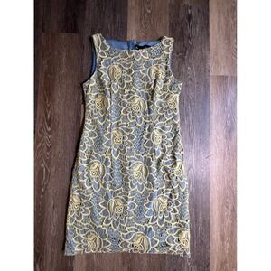 Chetta B Lace Sheath Dress Womens 4 Yellow Blue Excellent Floral Sleeveless